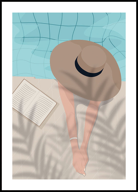 Geniet van Moment 2, Zomer aan het zwembad met boek en hoedposter