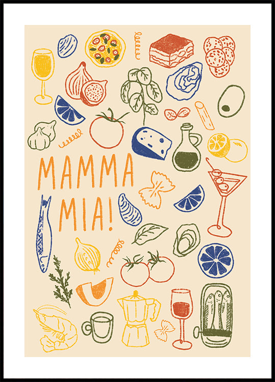 Mamma Mia!, Speelse Italiaanse keuken met kleurrijke voedselillustraties Poster