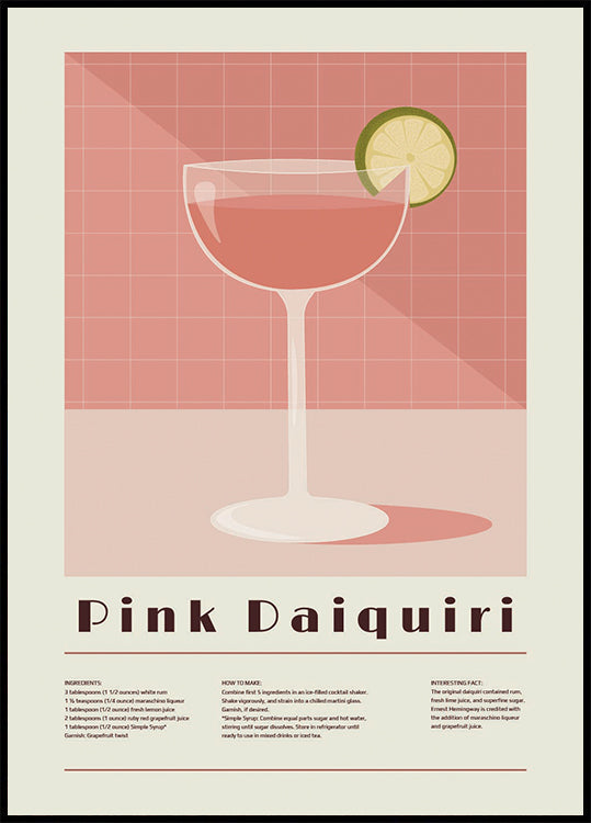 Roze Daiquiri Cocktail, Retro Receptposter