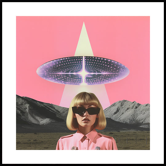 Een vrouw die onder een UFO staat (NIEUW)