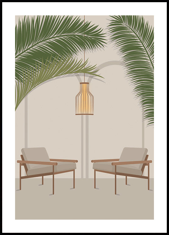 Free Your Mind 1, moderne tropische lounge met palmbladeren en stoelenposter