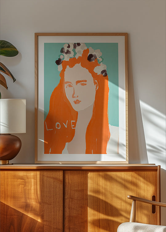 Vrouw met oranje haar versierd met bloemenposter