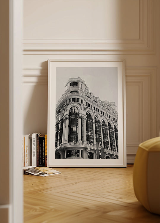 Gran Vía Madrid architectuur zwart-wit poster