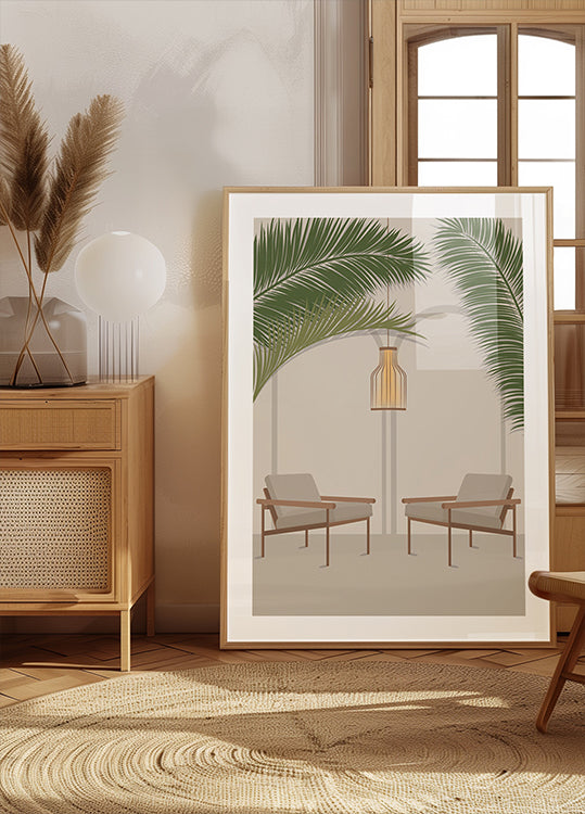 Free Your Mind 1, moderne tropische lounge met palmbladeren en stoelenposter