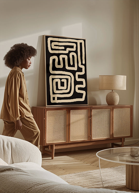 Beige doolhof lijnen Poster