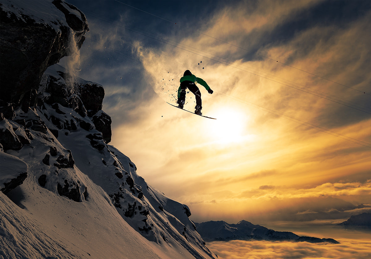 Zonsondergang snowboarden poster