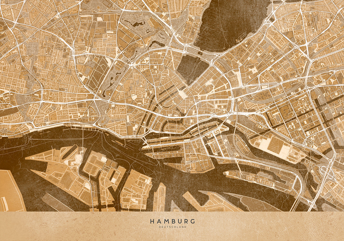 Sepia vintage kaart van het centrum van Hamburg, Duitsland (nieuw)