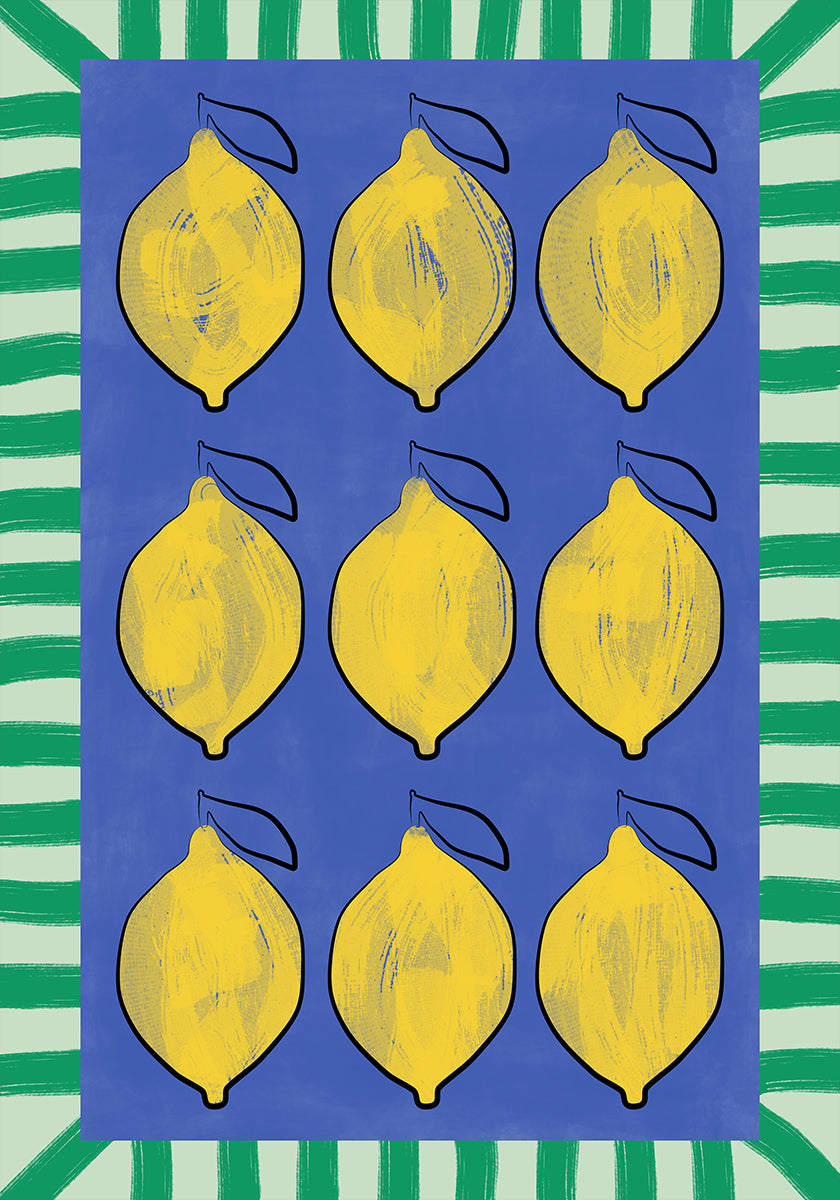Levendige gele citroenen op een diepblauwe poster