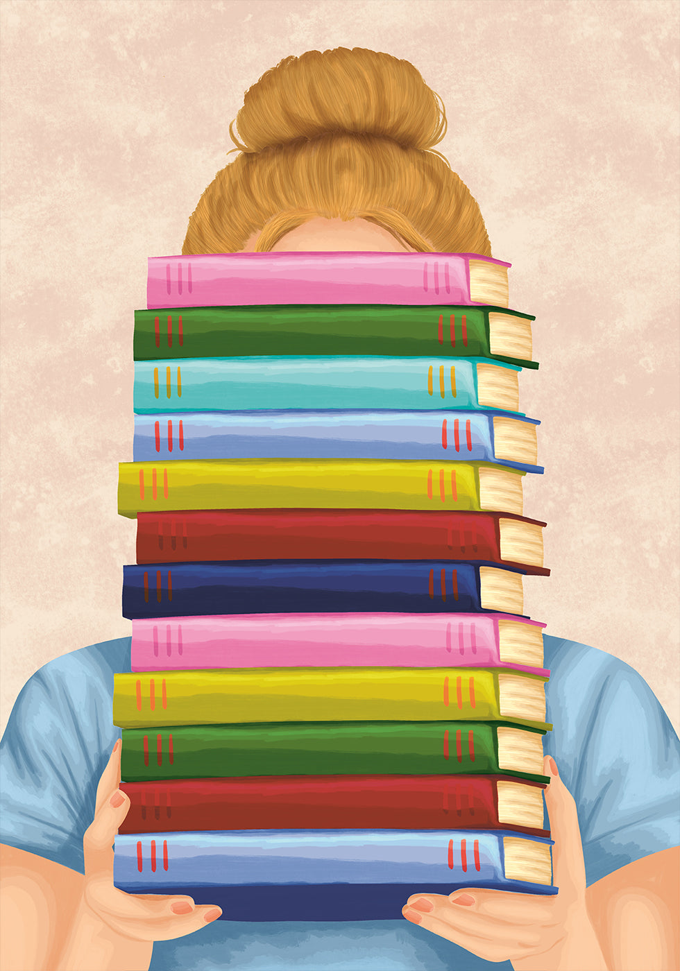 Girl With Stack of Books Poster, Pastel Book Lover Wall Art, Cute Reading Illustration Print for Library or Study Room - Posterbox