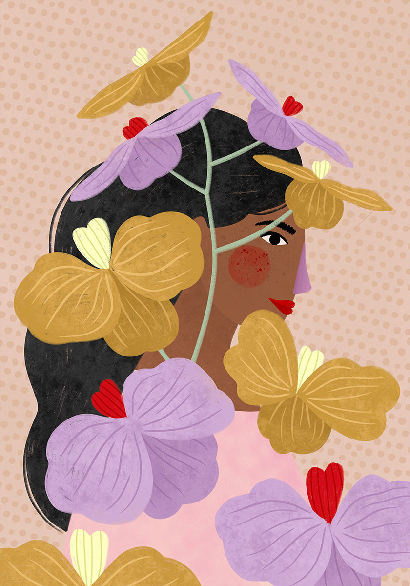 Verborgen achter de geelpaarse bloemenposter