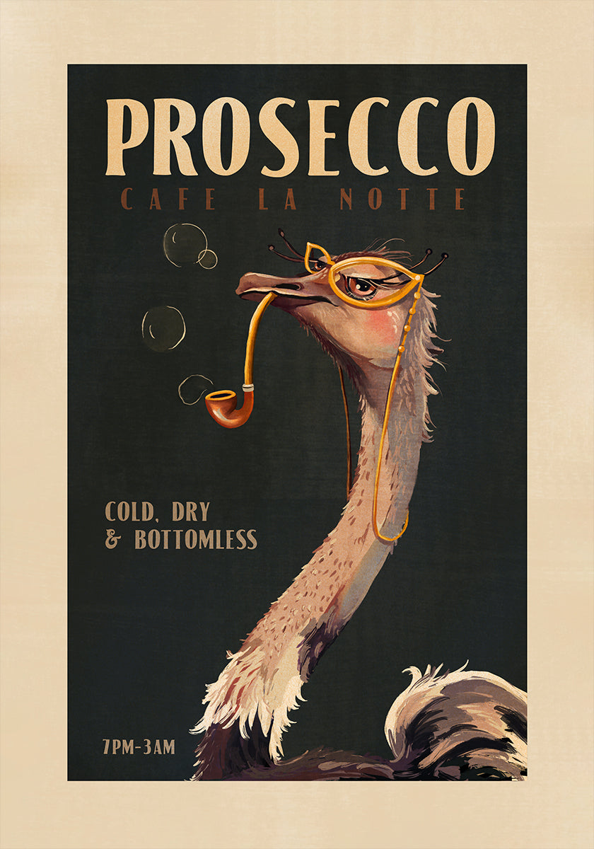 Art Deco Prosecco kunst aan de muur van een struisvogelposter