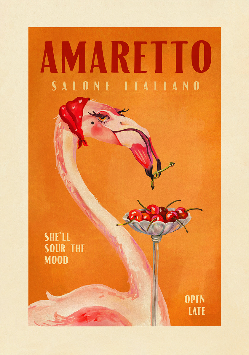 Amaretto Flamingo Art Deco Italiaans café reizen kunstposter