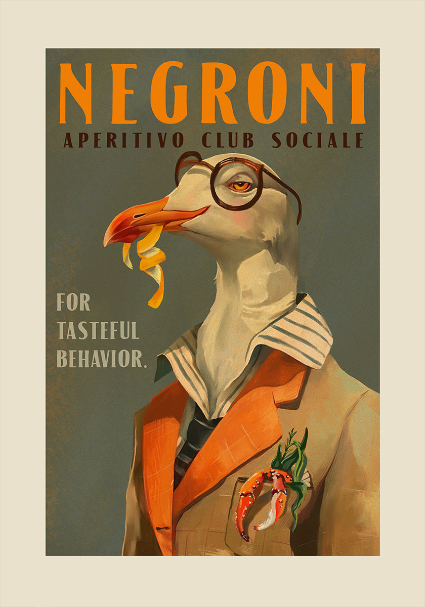 Vintage Art Deco Negroni van een buitensporige zeemeeuwposter