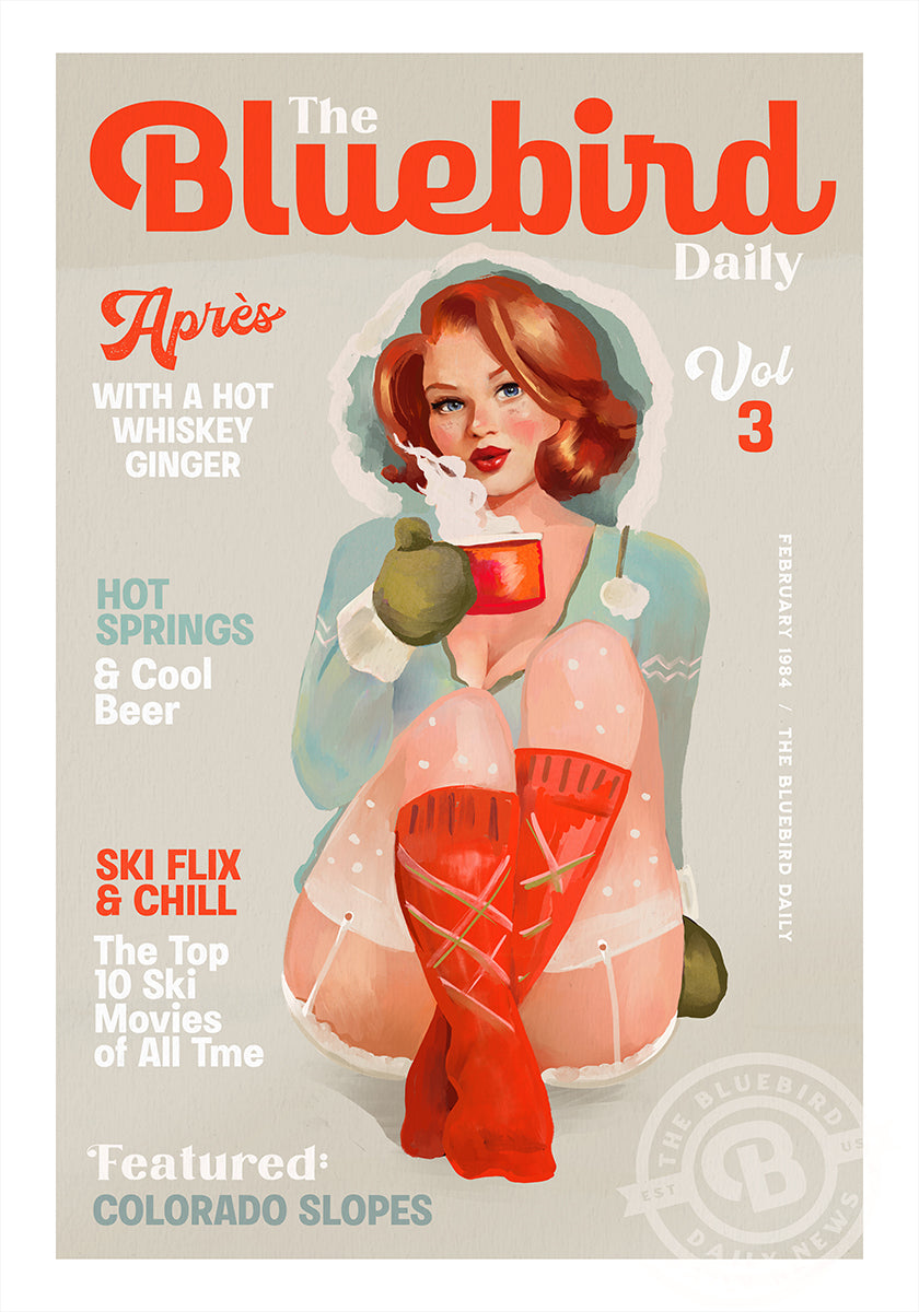De Bluebird dagelijkse vintage pin-up ski-kunstposter