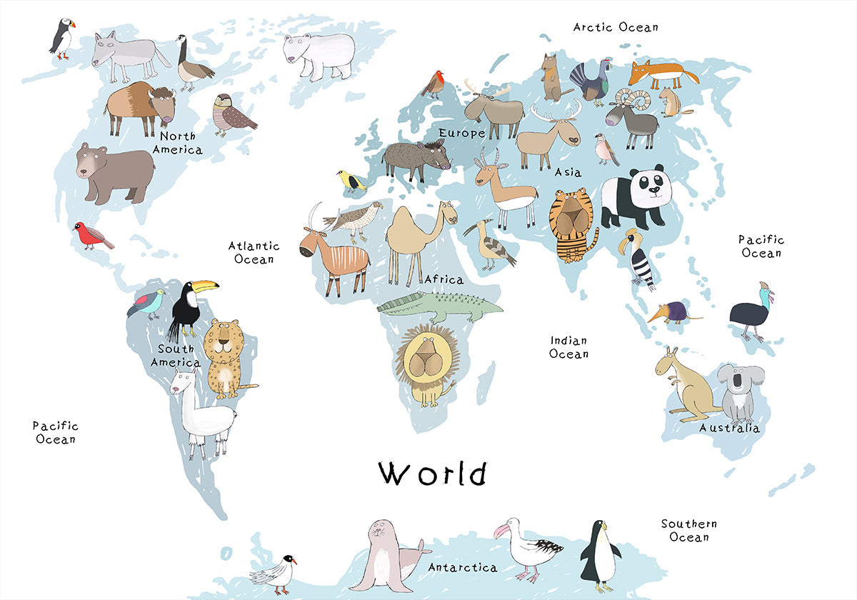 Geïllustreerde wereldkaart met schattige dierenposter