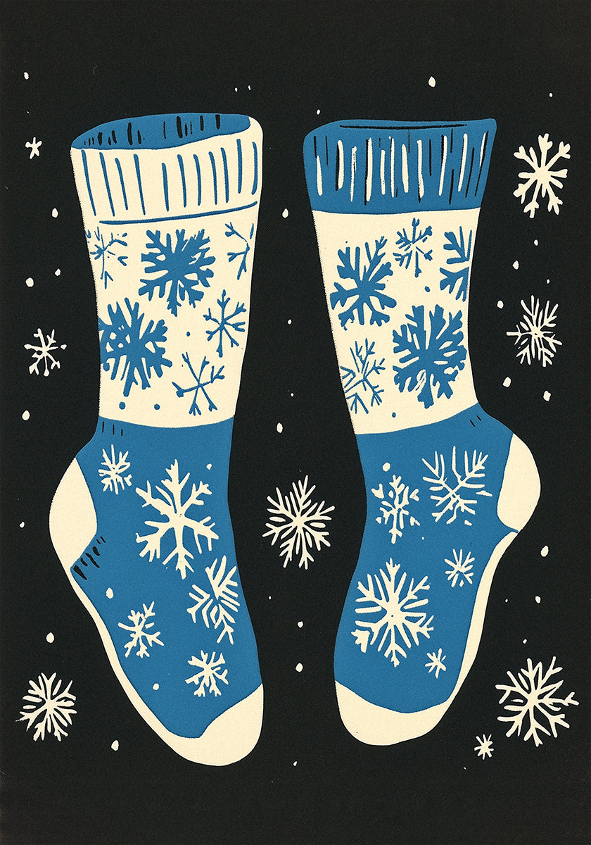 Vintage sokken gebreide blauw op zwarte poster