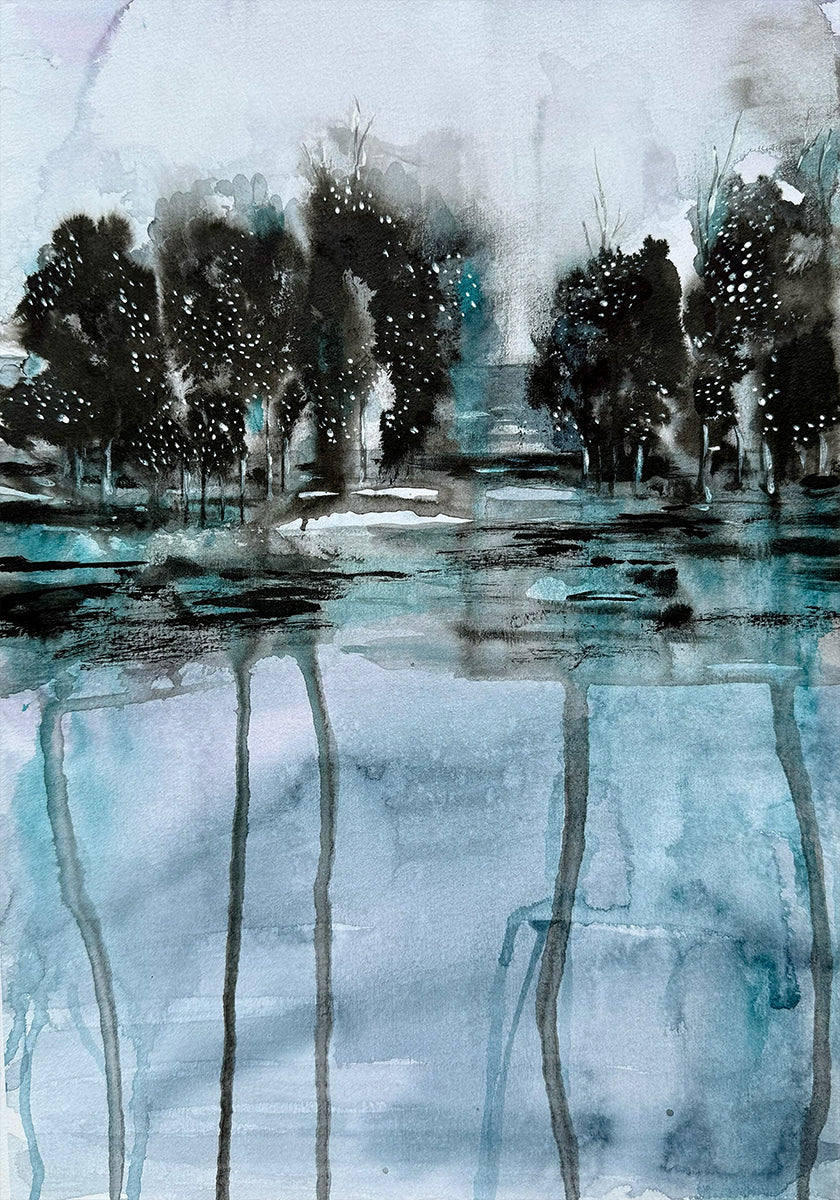 Bomen weerspiegeld in waterposter