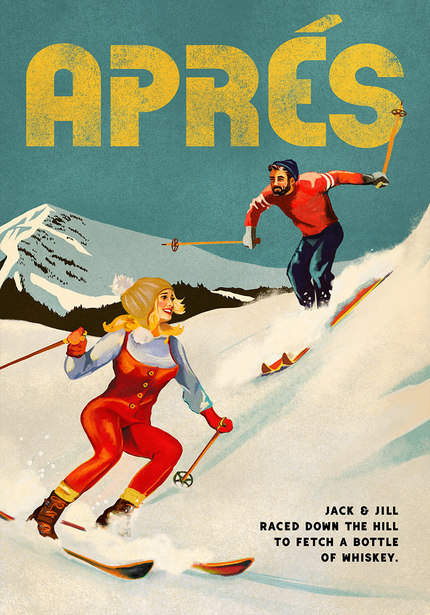 Vintage pin-up après whisky ski paar poster