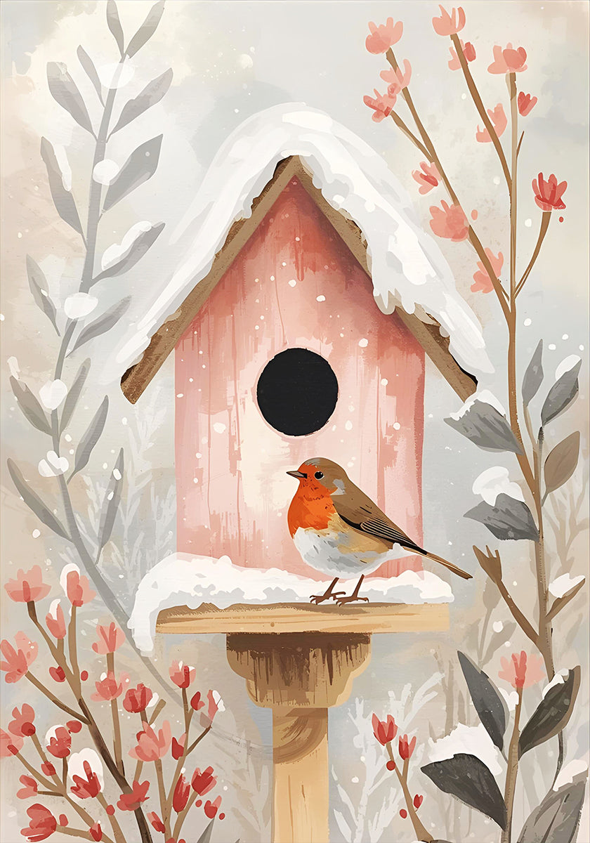 Vogelhaus met Rotkehlchen en Pflanzen-poster