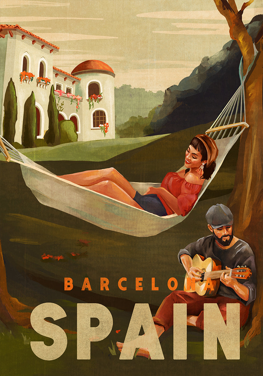 Barcelona Spain Guitar Player Travel Art (NEW) - Posterbox