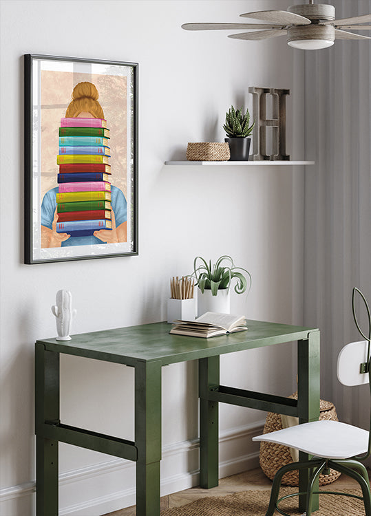 Girl With Stack of Books Poster, Pastel Book Lover Wall Art, Cute Reading Illustration Print for Library or Study Room - Posterbox