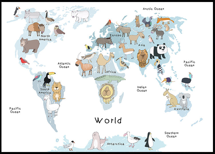 Geïllustreerde wereldkaart met schattige dierenposter
