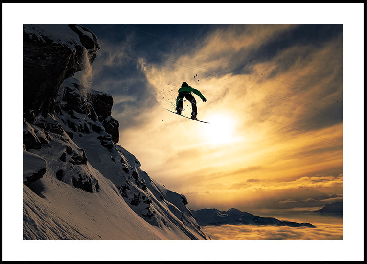 Zonsondergang snowboarden poster