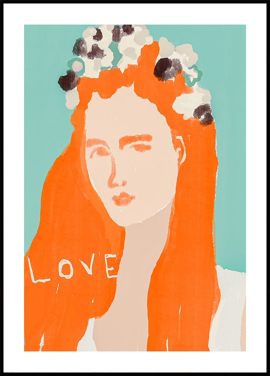 Vrouw met oranje haar versierd met bloemenposter