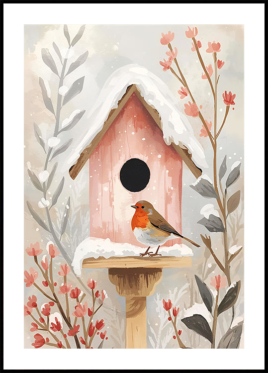 Vogelhaus met Rotkehlchen en Pflanzen-poster