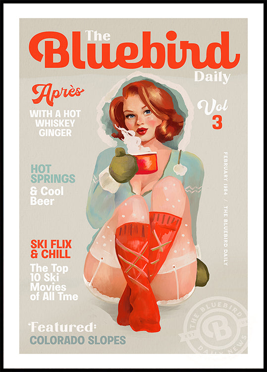 De Bluebird dagelijkse vintage pin-up ski-kunstposter