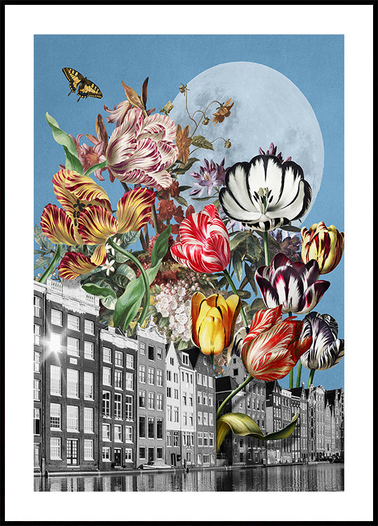 Levendige tulpen en ingewikkelde vlinders poster