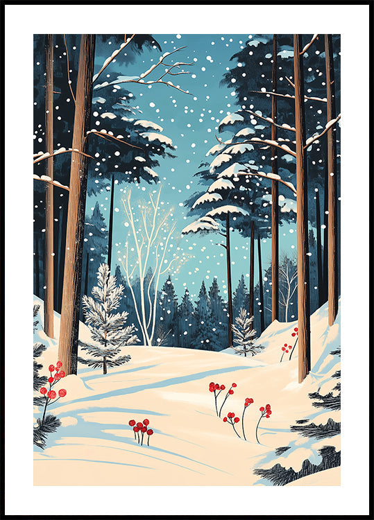 Kerst besneeuwde bos Poster