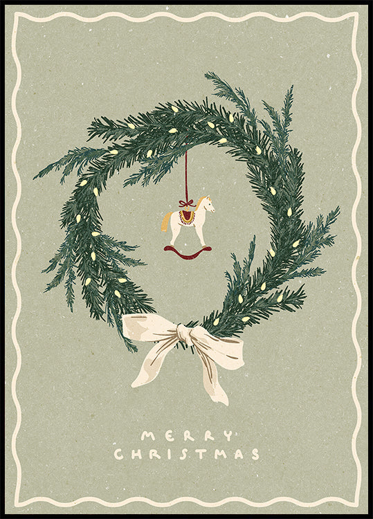 Paardenspeelgoed op kerstkrans met strik Poster