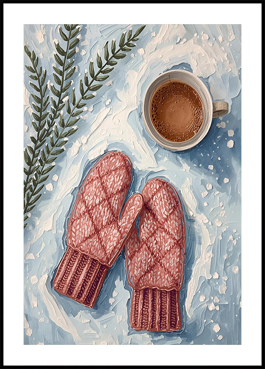 Handschuhe im Schnee mit Kakao-poster