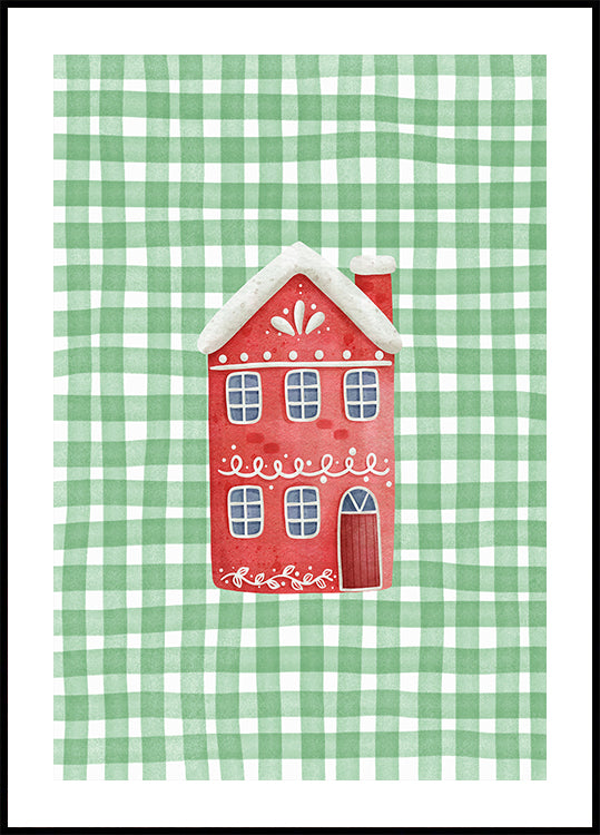 Leuk Rood Kerstmishuis op Groene Controlesaffiche
