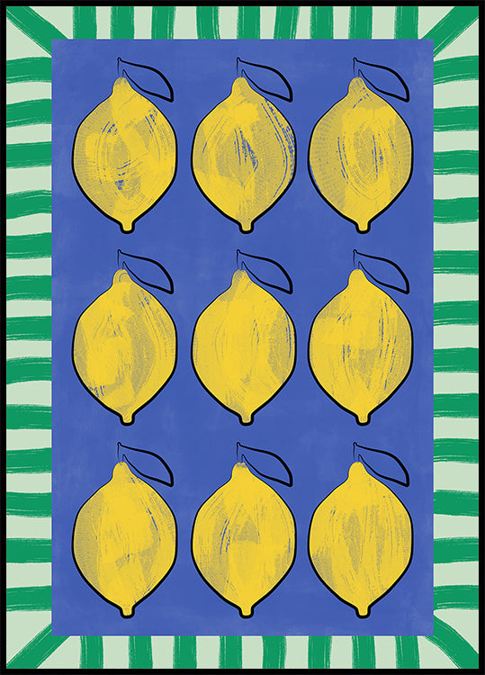 Levendige gele citroenen op een diepblauwe poster
