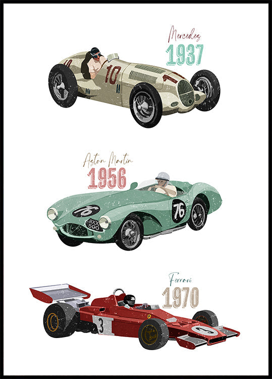 Vintage raceauto's-poster