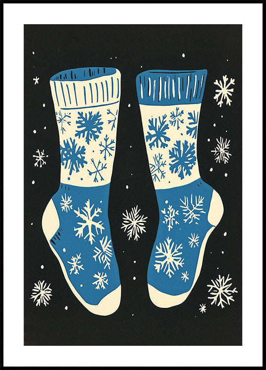 Vintage sokken gebreide blauw op zwarte poster
