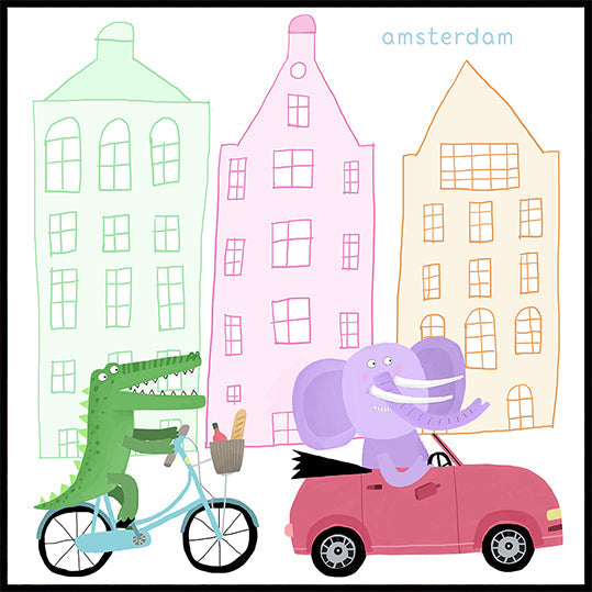 Een krokodil op een fiets en een olifant in een autoposter