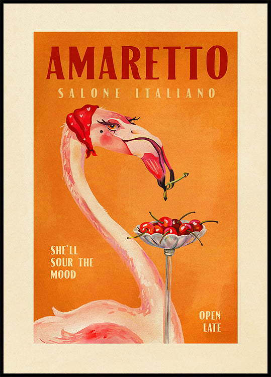 Amaretto Flamingo Art Deco Italiaans café reizen kunstposter