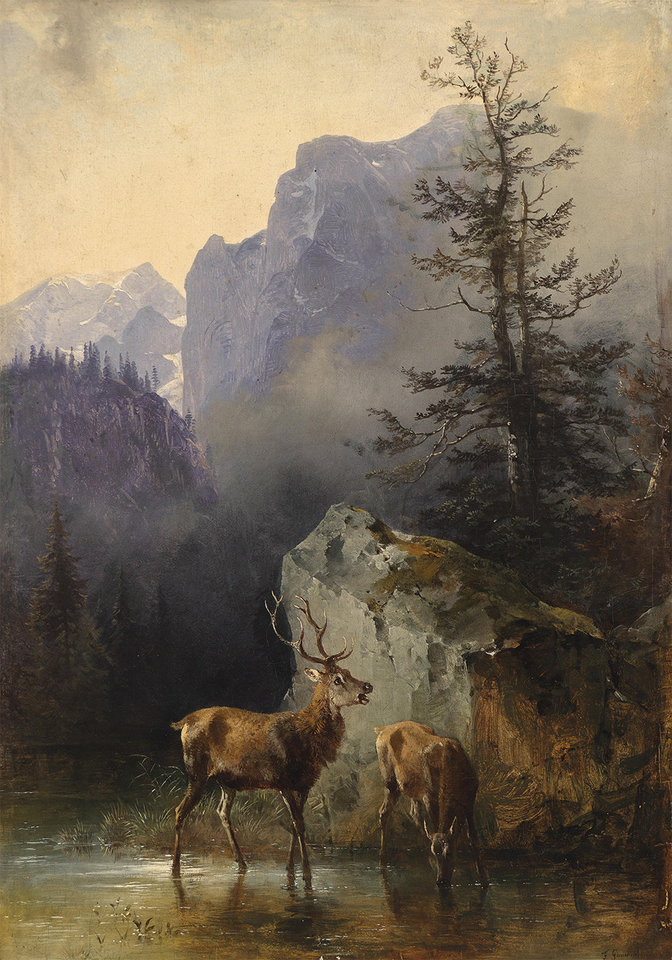 Hirsch Und Tier An Der Tränke By Friedrich Gauermann Plakat - Posterbox.dk