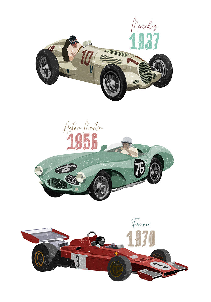 Vintage raceauto's-poster