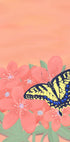 Een levendige digitale illustratie van een vlinder met gele en zwarte vleugels op roze bloemen tegen een perzikkleurige achtergrond.