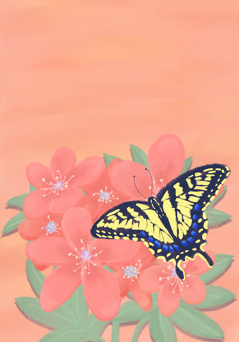 Een levendige digitale illustratie van een vlinder met gele en zwarte vleugels op roze bloemen tegen een perzikkleurige achtergrond.