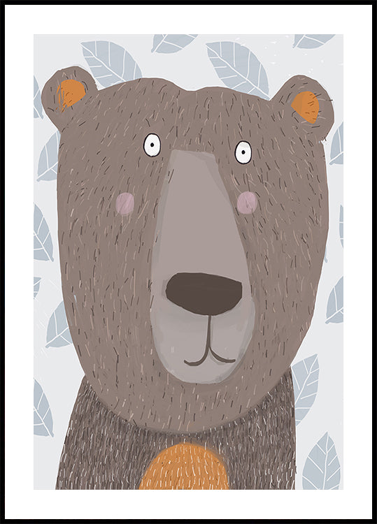 Cute Brown Bear with Grey Leaf Pattern by Artist Carla Plakat - Posterbox
