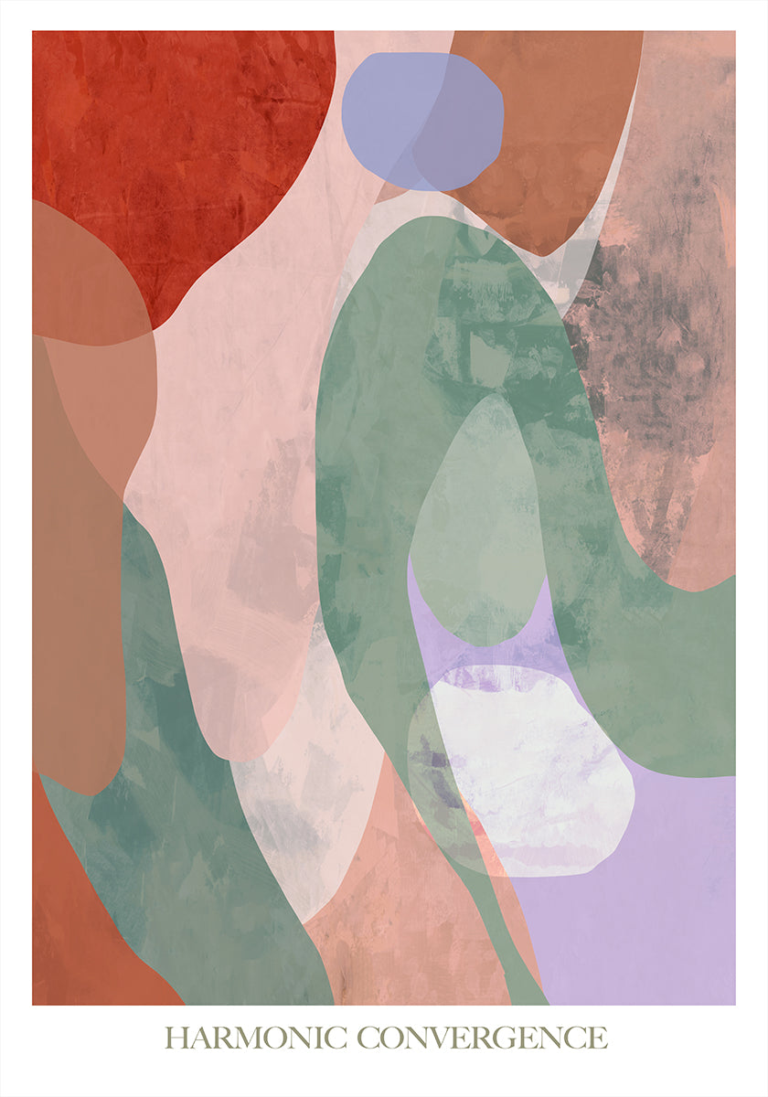 De afbeelding is een abstract kunstwerk met een harmonieuze samenkomst van verschillende vormen en kleuren, waaronder tinten rood, groen, blauw en paars.