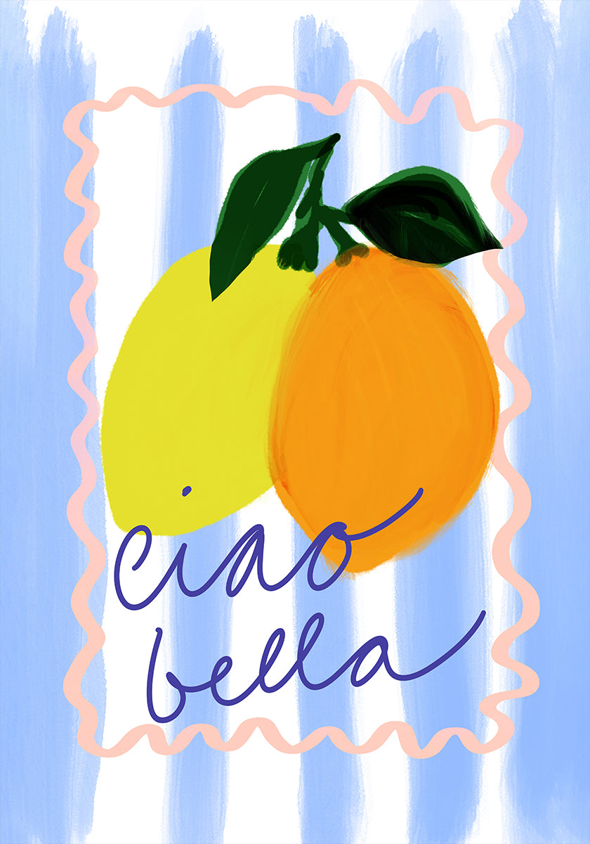 een levendige illustratie van twee citroenen en een sinaasappel, met daaronder cursief de zinsnede "ciao bella".