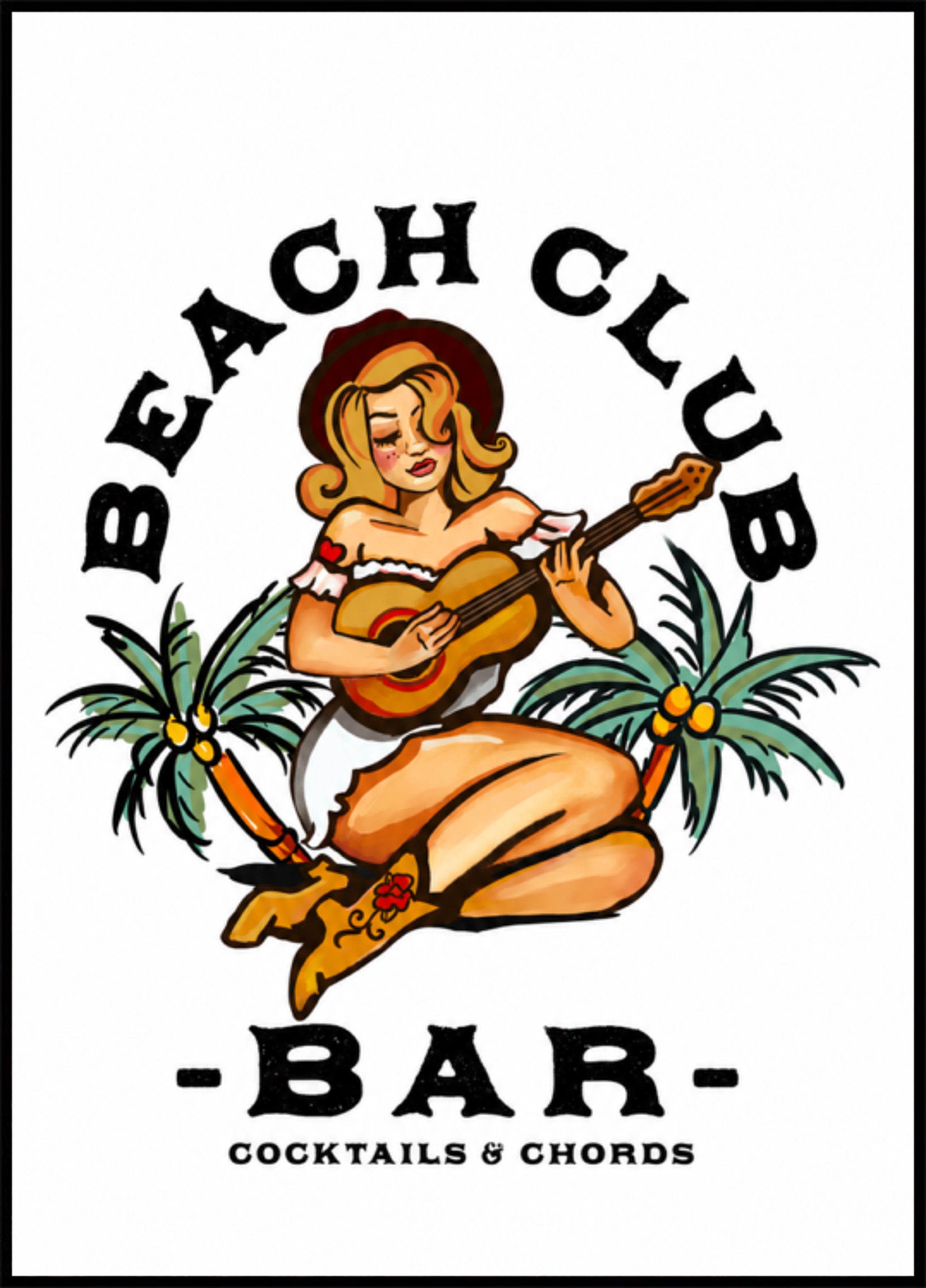 Beachclub-bar. Sailor Jerry stijl pin-up meisje gitaar spelen