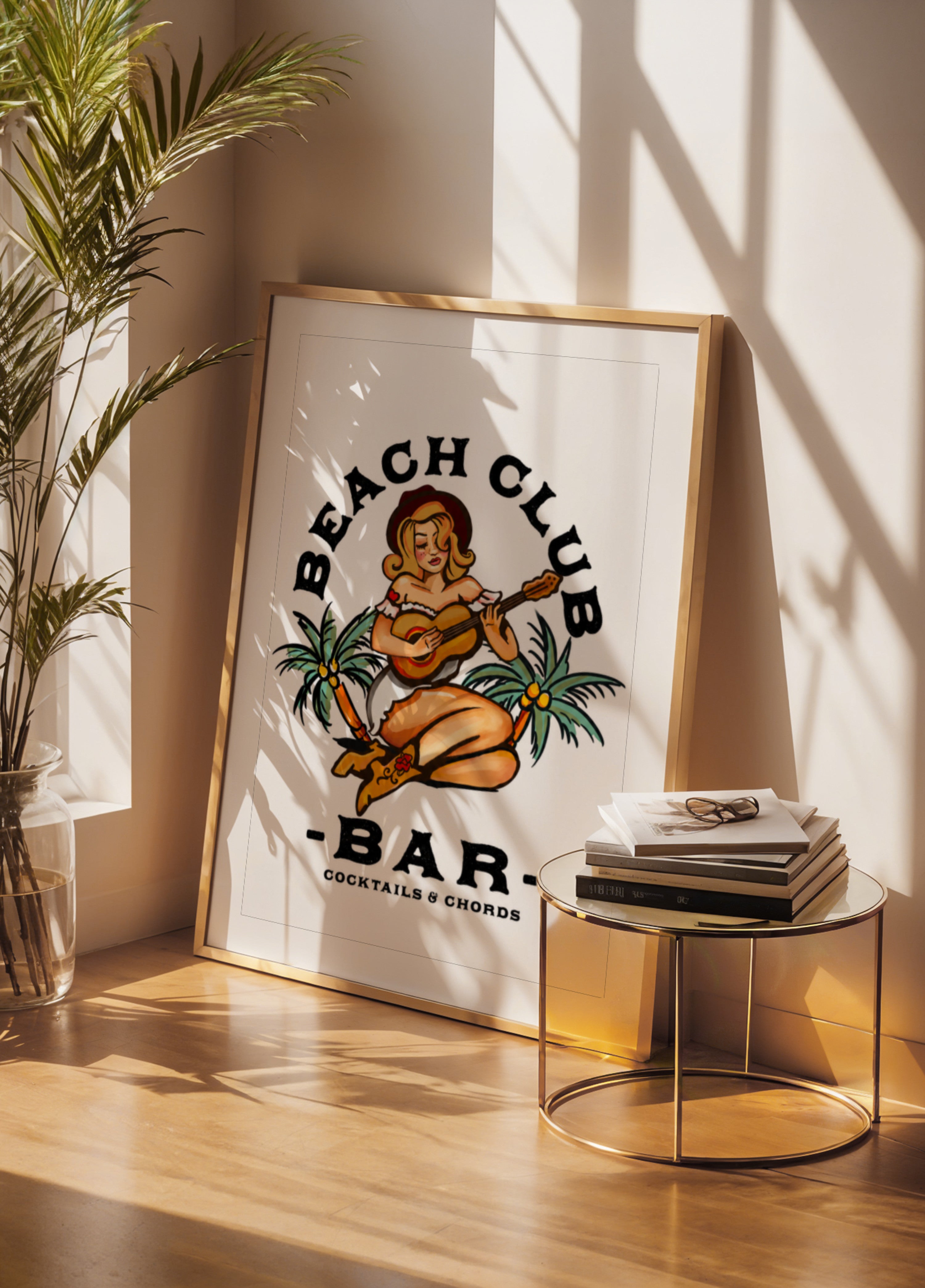 Beachclub-bar. Sailor Jerry stijl pin-up meisje gitaar spelen