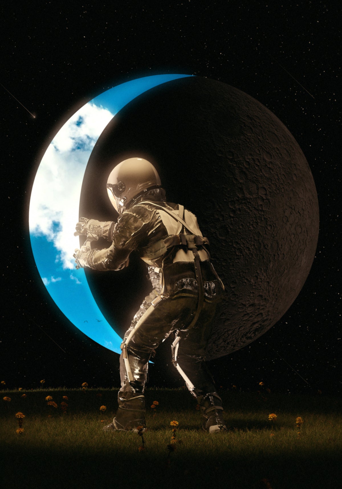 Astronaut die de maan vasthoudt